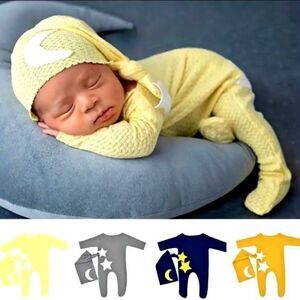 Stars And Moon Baby Yellow Knitted 2pc Jumpsuit